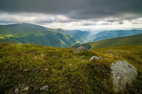 Rain clouds above Carpathians. Panorama of Borzhava ridge of the Ukrainian Stock Photos