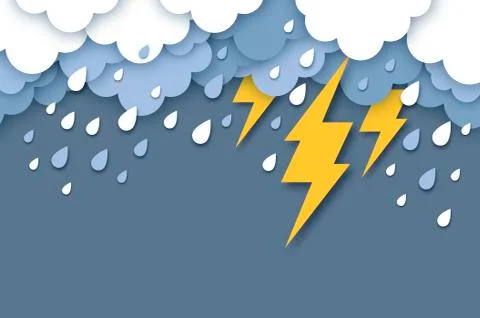 Rain Clouds and Lightening Bolt. Paper cut weather. Storm time. Rain drops and Stock Illustration