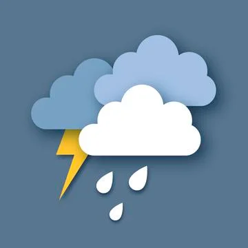 Rain Clouds and Lightening Bolt. Paper cut weather. Storm time. Rain drops and Stock Illustration