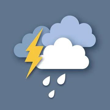 Rain Clouds and Lightening Bolt. Paper cut weather. Storm time. Rain drops and Stock Illustration