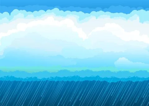 Rain clouds blue sky. Vector illustration. Water jets, inclement weather. Fla Stock Illustration