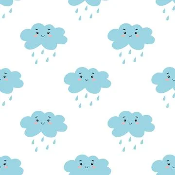 Rain clouds kawaii characters seamless pattern Stock Illustration