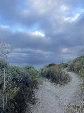 Rain Clouds Over Hiking Trail Pacific Ocean and Cliffside Bushes in California Stock Photos