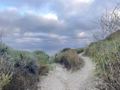 Rain Clouds Over Hiking Trail Pacific Ocean and Cliffside Bushes in California Stock Photos