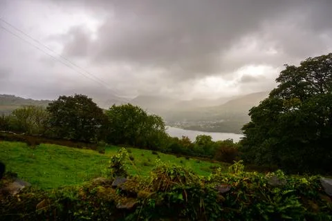 Rain Clouds over Llanberis Valley and Lake, Snowdonia, Wales Stock Photos