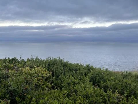 Rain Clouds Over the Pacific Ocean and Cliffside Bushes in California Stock Photos