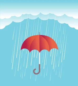 Rain clouds with red umbrella.Vector spring sky Stock Illustration