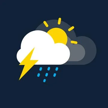 Rain clouds with sunlight and thunder icon . Weather, internet concept. Tre.. Stock Illustration