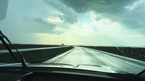 Rain Covered Highway And Windshield Viewed From Inside Moving Car Stock Footage 346538571