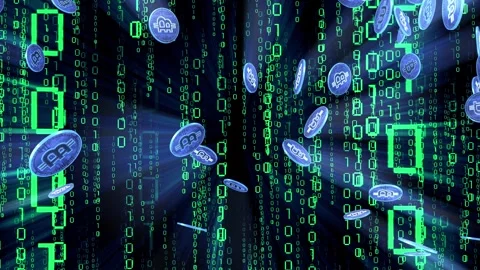 Rain of Cryptocurrency Bitcoins Falling Down with Matrix Binary Code Stock Footage 334399340