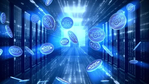 Rain of Cryptocurrency Bitcoins Falling Down with Data Server Room in Background Stock Footage 334401193