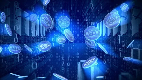 Rain of Cryptocurrency Bitcoins Falling Down with Matrix Binary Code Stock Footage 334401557