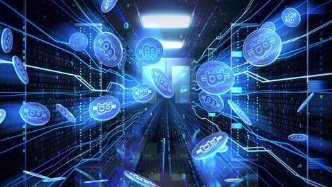Rain of Cryptocurrency Bitcoins Falling Down with Data Server Room in Background Stock Footage 334402997