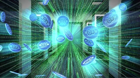 Rain of Cryptocurrency Bitcoins Falling Down with Data Server Room Stock Footage 334407586