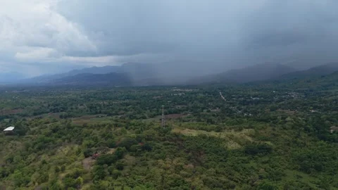 Rain Curtain Over Puerto Princesa Mountain Foothills Aerial View Stock Footage 336298666
