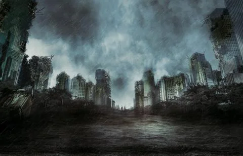 Rain in the destroyed city Stock Photos