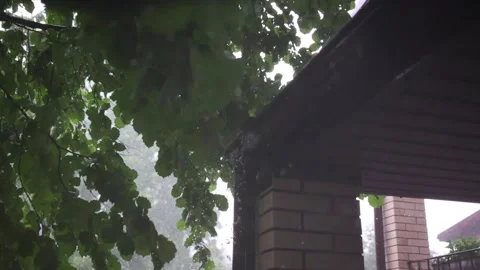 Rain drainage system, metal gutter with pouring water at rainy storm outdoor Video stock 281552207