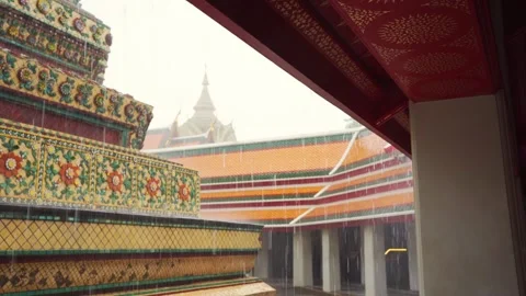 Rain drop with temple at bangkok background in raining season Stock Footage 281137252