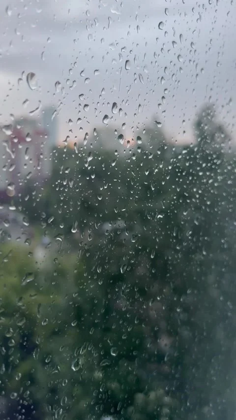 Rain drop on window, rainy day. Drops of rain on a window pane, buildings in bac Stock Footage 219755210