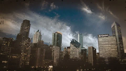 Rain dropping through window, glass, Chicago city sunset, rain, rainy day, Stock Footage 163003060