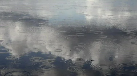 Rain drops are falling in a slowly flowing river Stock Footage