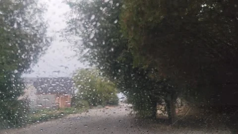 Rain drops on a car window glass with out of focus trees background Stock Footage 345449626