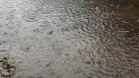Rain Drops Creating Ripples in Puddle Static Close Up Shot Stock Footage 342590449
