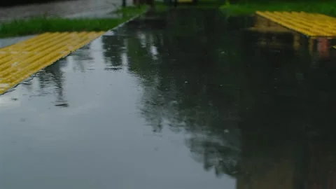 Rain drops dripping in a puddle. Heavy water droplets falling on asphalt with Stock Footage 251738526