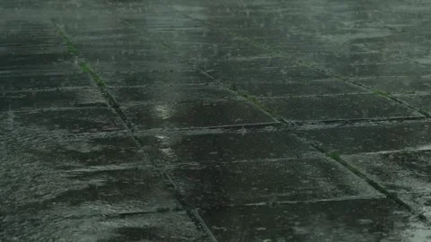 Rain drops dripping in puddle. Heavy water droplets falling on asphalt on the Stock Footage 253566738