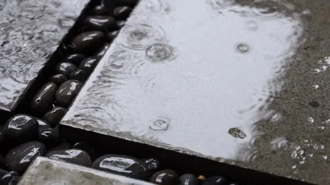 Rain drops drips to grey tile and stones. Slow motion. Stock Footage 158081019