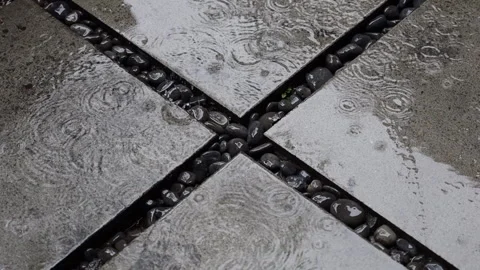 Rain drops drips to tile and stones. Grey, sad summer day Stock Footage 158078687