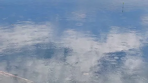 Rain drops fall on blue water surface creating ripples and circles. Stock Footage 335401193