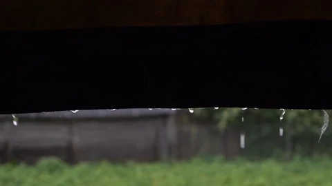 Rain drops fall cloudy day dripping from the roof Stock Footage 117329865