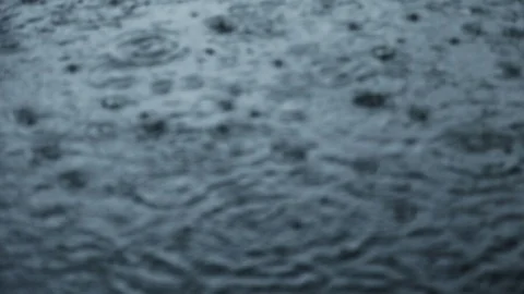 Rain drops fall on water surface of pond, lake or river Stock Footage 112483994