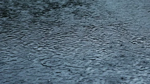 Rain drops fall on water surface of pond, lake or river forming Video stock 112484054