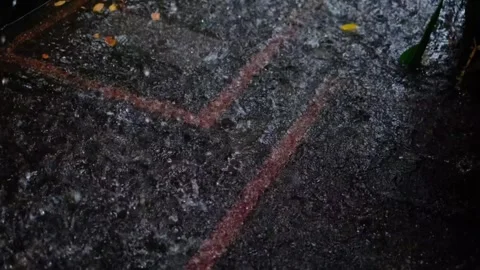 Rain drops falling on asphalt in slow motion loop during a rain storm. Stock Footage 262523887