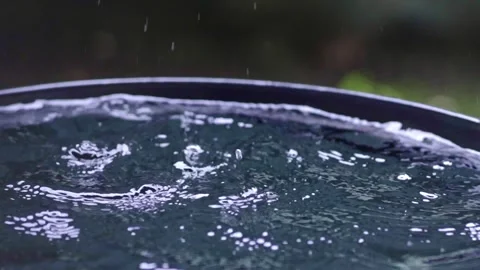Rain drops falling into barrel, collecting water, slow mo splashing Stock Footage 305442571