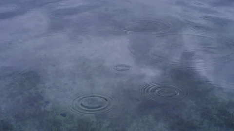 Rain drops falling on calm lake Video stock 127119129