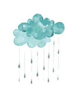 Rain drops falling from the cloudy sky. Watercolor illustration Stock Illustration
