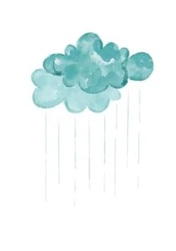 Rain drops falling from the cloudy sky. Hand drawn watercolor illustration Stock Illustration