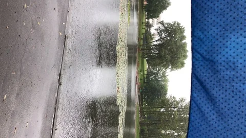 Rain drops falling on the lake. View from under umbrella. Vertical Stock Footage 124906027