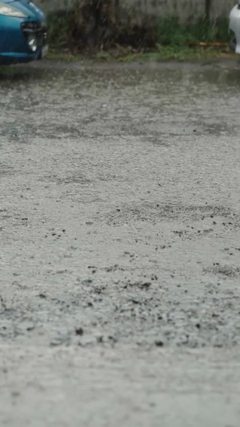 Rain drops falling into a muddy puddle on broken asphalt. Stock Footage 338364916