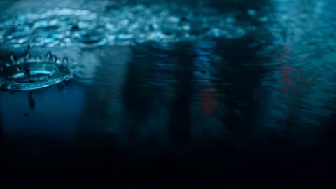 Rain drops falling into puddle at night. Big city lights mirror reflection Stock Footage 127229193