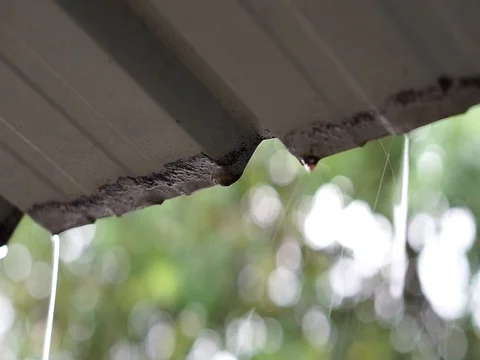 Rain drops falling from roof's with blurred background. Stock Footage 91123878