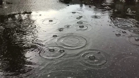 Rain Drops Falling Slowly in a Puddle in Slow Motion Stockbeeldmateriaal 94131796