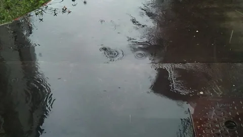 Rain drops falling on wet pavement in slow motion Stock Footage 346360414