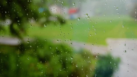 Rain drops flow down the surface of the glass against the background of juicy Stock Footage 118648060