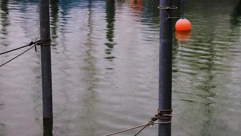 Rain drops hitting the water and creating ripples in a harbor on lake const.. Stock-Footage 328124683