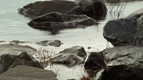 Rain drops on a lake with rocks Stock Footage 100020670