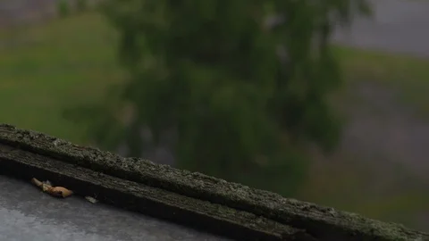 Rain drops pouring out of the window and sill - Foogy stormy weather Stock-Footage 114030696